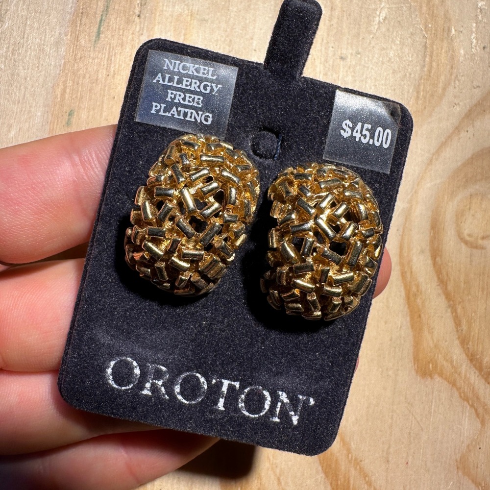 Oroton Gold Textured Basketweave Clip-On Hoop Earrings Nickel Free